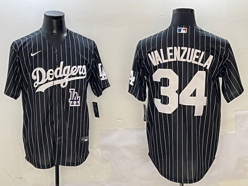 Men Los Angeles Dodgers 34 Valenzuela Black Stripe Jointly Name 2025 Nike MLB Jersey style 12